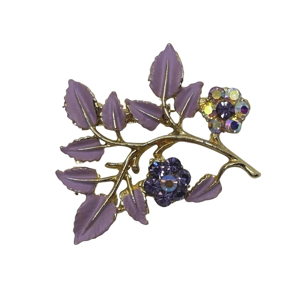 Vintage Lavender Enamel Flower Branch Brooch Aurora Borealis Purple Gold